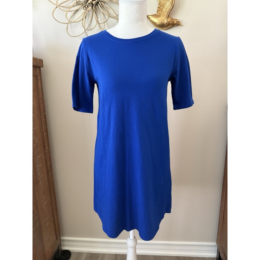 Eileen Fisher XXS Royal Blue Cotton Stretch T Shirt Dress Curved Hem